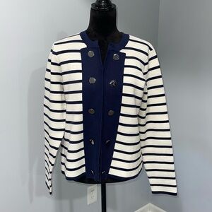 Chico’s size 3 or XL knit blazer white cream navy striped pattern